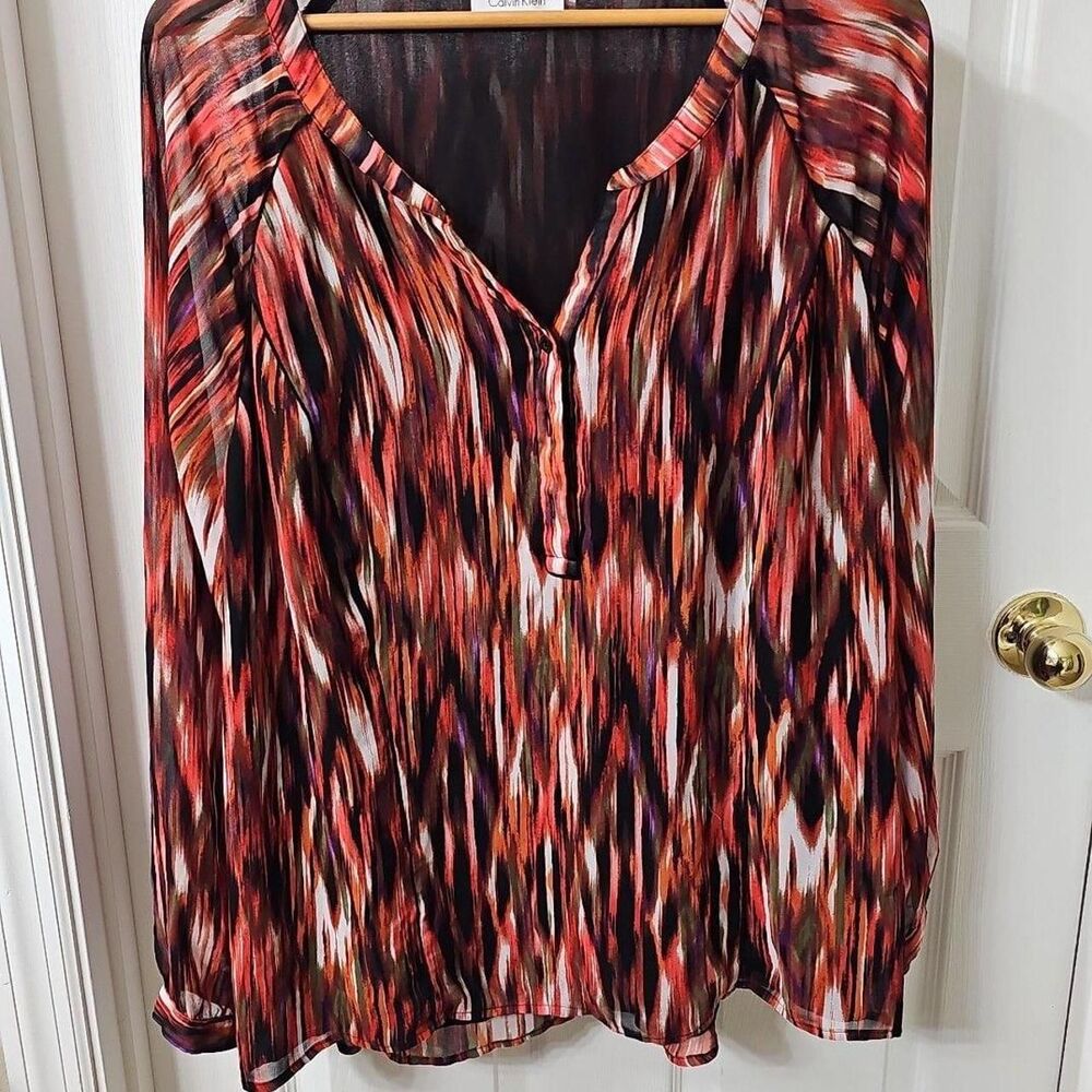 Calvin Klein Plus Size 2X Abstract Ikat Print Sheer Chiffon Henley Blouse
